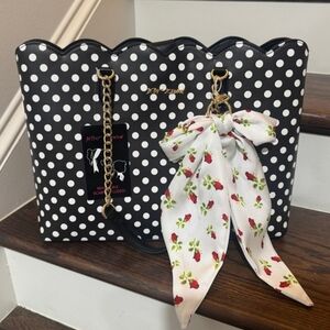 Betsey Johnson Black and White Polka Dot Tote with Floral Accent